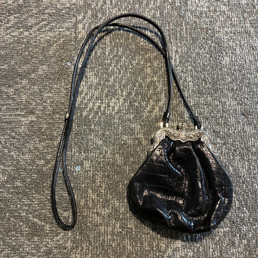 Vintage Brighton One World Black Croc Embossed Leather Crossbody Coin Purse